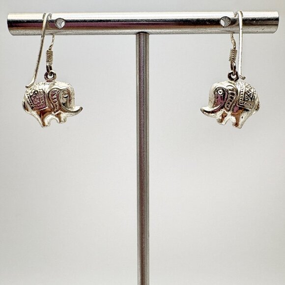 VTG Sterling Silver 925 Elephant Textured Dangle Earrings Size 1" Length - Picture 1 of 10
